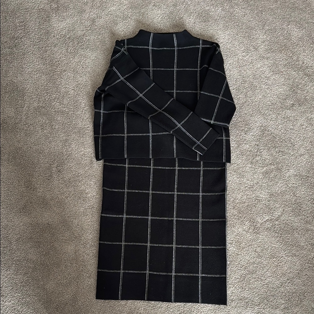 Black and Gray Grid Pattern Sweater and Skirt Set